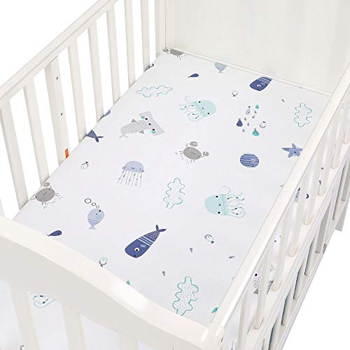 Image of Brandream Nautical Crib Sheet Set - Ocean Animal Fitted Sheet for Standard Crib Mattress - Neutral Cotton Fish Pattern