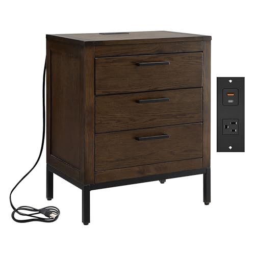 Image of Leick Home Tableau Nightstand Side Table with Drawer and Lower Cabinet Rustic Modern - USB-C Fast Charging Station - Durable Solid Wood - Living Room, Bedroom, Office, Distressed Riverstone, 9076