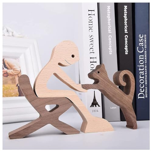 Estatuas de madera talladas a mano Hombre y Gato miniatura 6