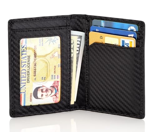 Image of Stealth Mode Men's Slim Front Pocket Wallet - RFID Blocking, Thin Minimalist Design, Genuine Leather - ID Badge Window and 5 Sleeves for Money, Credit Cards, Driver License (Carbon Fiber Leather)