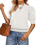 ATHMILE Short Sleeve Sweater for Women 2026 Spring Summer Blouses Crewneck Knit Puff Sleeve Dressy Casual Trendy Shirts, A-white, Large