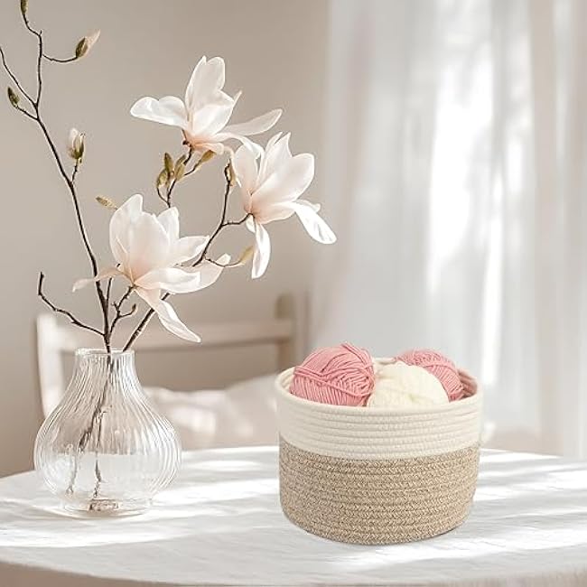 Woven Cotton Storage Baskets - 3-Pack Round Bins (10x10x7'') for Shelves, Closets & Bookcases | Durable Rope Organizers for Nursery, Baby, Toys, Easter & More white and brown