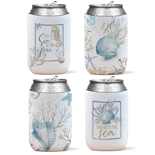 SJDFCSA 4 Pack Coastal Ocean Beach Reusable Neoprene Insulator Cup Sleeve for Cold and Hot Drinks, Coastal Beachy Seahorse Seashell Starfish Coral Can Drink Sleeves Cooler Sleeves Gifts for Women