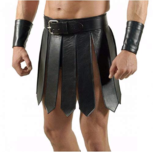 Real Leather Roman Gladiator Kilt Set Mens LARP Heavy Duty Leather Kilts Club Wear