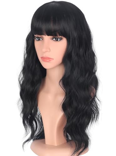 Image of Black Wavy Wigs with Bangs for Women Glueless Black wigs Synthetic Long Black Wigs Natural Looking Heat Resistant for Daily Party look