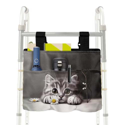 LedBack Walker Storage Bags Daisy Cat Pattern Removable Organizer Pouch Portable Walker Accessories Large Capacity Storage Bag with Small Inside Pockets