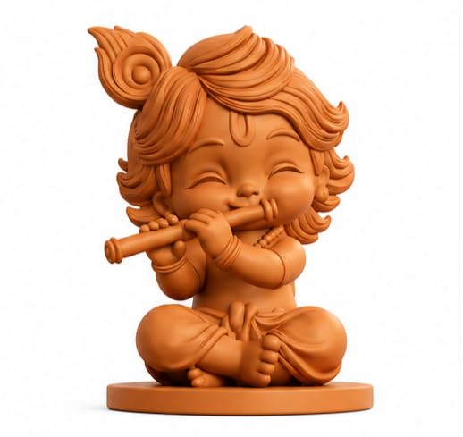 Baby Krishna Figurine Playing Flute, Terracotta Finish Idol | Sitting Pose, Decorative Statue, Home Decor, Resin Craft, Peacock Feather Crown-image-25