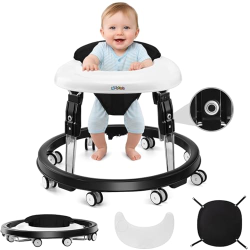 Wnttmt Baby Walker with Wheels, One-Touch Folding Baby Walkers with Height Adjustment, Large Dinner Plate and Brake, Walker for Baby Boy Girls 6-18...