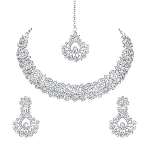 Image of Atasi International Silver Plated Crystal American Diamond Necklace Set with Earrings and Maang Tikka(R6161)