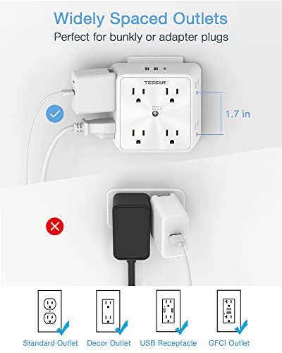 Surge Protector 8 Outlet Extender, Tessan Multi Outlet Splitter With 3 Usb Wall Charger (1 Usb C Port), 3-Sided Multiple Plug Power Strip 1700J, Usb Charging Station For Home Office Dorm Room #TOP4