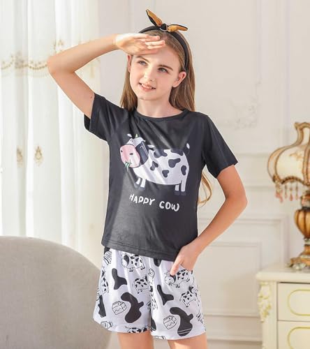 uideazone Girls Pajamas 3 Pieces Set Shirts&Tank Shorts Pjs Sets Cute Sleepwear Size 5-144