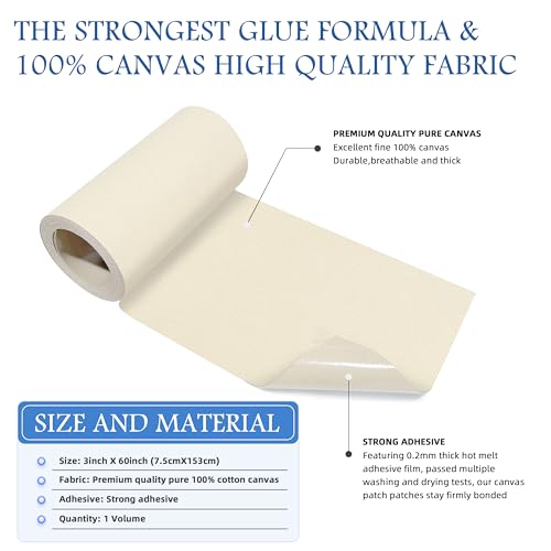 Image of KING MOUNTAIN Canvas Iron on Patch,3 inchx60 inch,Waterproof 100% Cotton Fabric Repair Patch,Used for Various Sofa,Tent,Clothes,Seats,Suitcases (Beige)