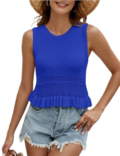Image of CiCiBird Women Cute Crop Sweaters Vest Knit Sleeveless Pullover Tops Crochet Ruffle Hem Tank