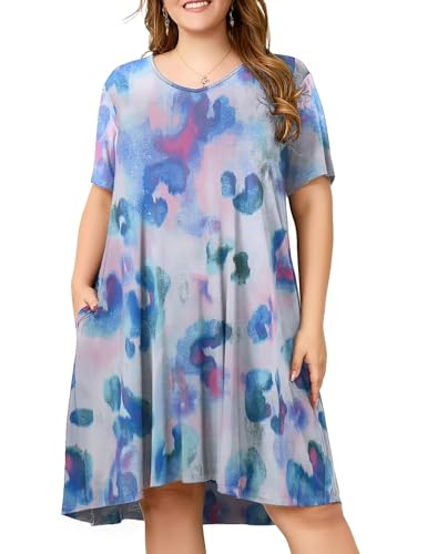Image of OVERWORETY Womens Short Sleeve Plus Size T-Shirt Dress V Neck Casual Loose Swing A-Line Summer Tunic Dresses with Pockets