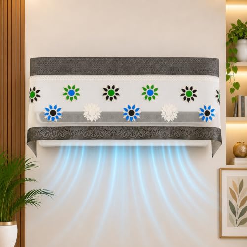 Image of Cotton Net Split AC Cover Indoor Unit for 1.5 Ton Capacity AC, Premium Work Indoor AC Dust Protection Cover Designer Summer Ac Cover for 1.5 Ton Ac (Grey Flower)