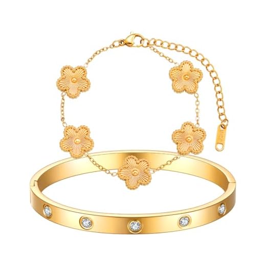 AOWVUTS 2 Piezas Pulsera Oro Mujer Chapado en oro de 18 Quilates Pulsera de Trébol de la Suerte Ajustable Brazalete con Diamantes Conjunto de 2 pulseras de Cinco Hojas Acero Inoxidable Regalo (Oro)