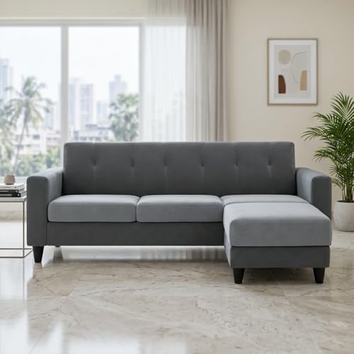 Image of Homeboy 4 Seater L Shape Sofa Set with Movable Ottoman | Flexible Left or Right Layout | Luxe Velvet Suede Fabric | Comfortable Seating | Modern Sofa for Living Room -Light Gray - Dark Gray