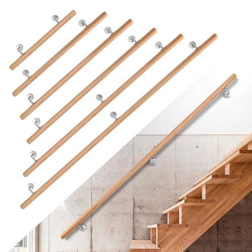 Hebitod Barandilla de madera de haya - Barandilla de escalera - 200 cm - Con soporte de pared - Barandilla de madera antideslizante - Para escaleras, pasillos, escaleras de jardín, balcón, ático