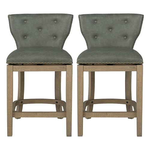 Image of ROME + OAK Carlynd 26 inch Swivel Counter Stool, Reclaimed Oak, Set of 2 | Low Back Kitchen Barstool with Grey Stone Vegan Leather Upholstered Seat for Counter Height Dining