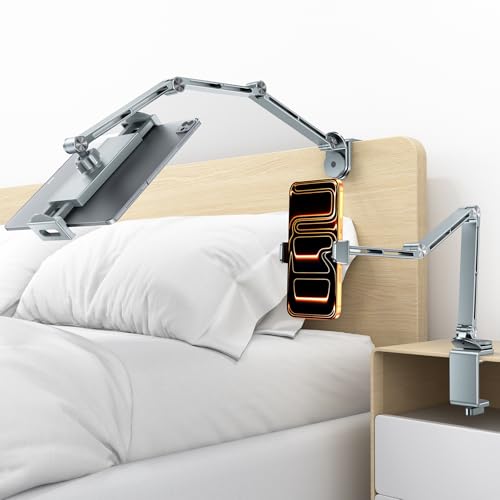 OMOTON Aluminum Tablet Stand for iPad, Adjustable Phone Stand for Desk 360° Rotation with 2 Clips [Phone & Tablet], Gooseneck Overhead Phone Mount for Bed Compatible with All Device up to 12"