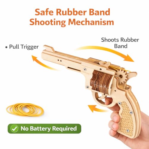 Image of Wooden Rubber Band Gun Toy DIY STEM Building Kit for Kids 8+ | Safe Educational Revolver Model | Learning & Creativity Toy(Revolver Rubber Band Gun)
