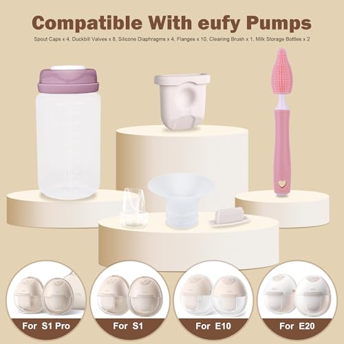 Image of Breast Pump Replacement Parts Kit Compatible with Eufy Electric Wearable Breast Pumps E10 / E20 / S1 / S1 Pro, Includes Valves, Silicone Diaphragms, Flanges, Cleaning Brush & Milk Storage Bottles