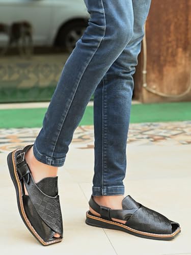 Image of POS Men's Ethnic Synthetic Leather Peshawari Slip On Sandal | Shoes for Wedding|Party|Occasions|Fashion|Stylish|Outdoor|Lightweight|Shoes with TPR Sole