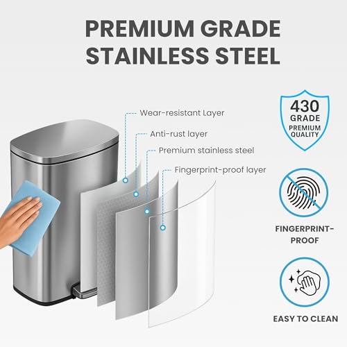 iTouchless SoftStep 13.2 Gallon Step Kitchen Trash Can with Lid and Odor Filter, Stainless Steel 50 Liter Trashcan for Home Office Bedroom Garage Living Room Bathroom Silent Lid Close Slim Wastebasket