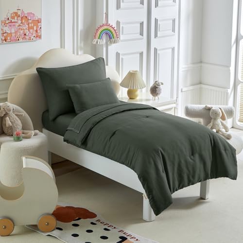 Image of Kids Comforter Sheet Set - Soft and Breathable Bed Set Includes Quilted Comforter, Fitted Sheet, Flat Top Sheet, Pillowcase and Toddler Pillowcase for Toddler - 5 Pieces Toddler Bedding Dark Green