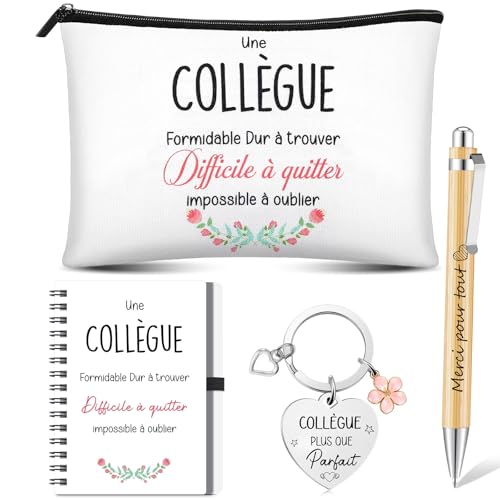 Hestya 4 Pièces Set de Cadeau Départ Collègue de Travail Femme Pochette de Maquillage Carnet à Spirale Porte-Clés Stylo à Bille Cadeau d'Adieu pour...