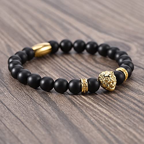 Ourania Onyx Lion Stone Bracelet Men - Black Onyx Beaded Stainless Steel Leo Head Bracelet Women 8mm2