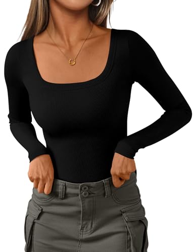 PRETTYGARDEN Womens Long Sleeve Tops Fall Clothes 2025 Scoop Neck Ribbed Knit Basic Tees Shirts Going Out Trendy Outfits