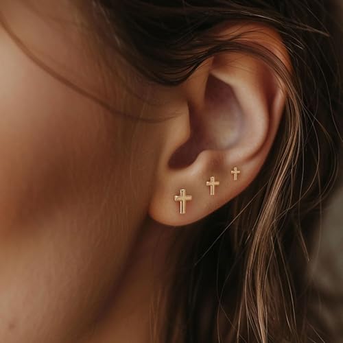 3 Pairs Tiny Flat Back Earrings, Hypoallergenic 14K Real Gold Plated Helix Cartilage Earrings Post Studs Jewelry for Women Gift3