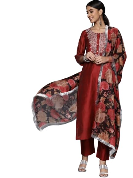 Varanga Red Embroidered Kurta With Tonal Trouser And Printed Dupattta