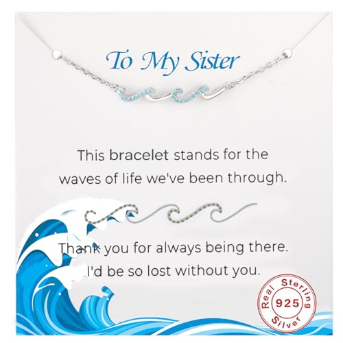 zocare Sister Birthday Gifts,Sterling Silver Wave Bracelet for Women with Gift Card, Sister Gifts from Sisters,Meaningful Sisters Bracelet for Chrismas,Anniversary,Thank's Giving
