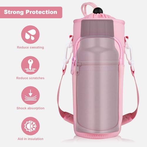 Image of Water Bottle Holder with Strap, Water Bottle Carrier Bag with Phone Pocket, Shoulder Hand Strap Insulated Neoprene 32 oz Water Bottle Sleeve for Walking Hiking Camping Gym(Pink)