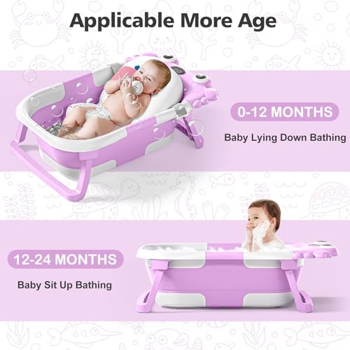 Image of Collapsible Baby Bathtub for Newborns with Thermometer and Soft Floating Cushion Portable and Foldable Travel Baby Bath Tub for Infants to Toddler 0-36 Month (Purple)