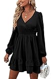 Rooscier Women's Wrap V Neck Swing Ruffle Swiss Dots Long Sleeve Mini Dress Solid Black Large