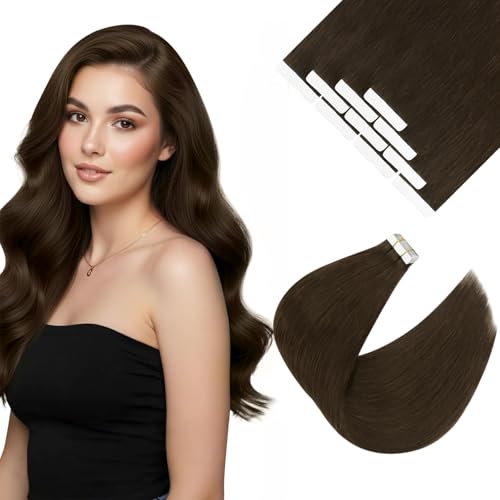 Image of Ve Sunny Hair Tape in Hair Extensions Human Hair Chocolate Brown | Hair Tape Extensions,Silky Smooth,for Wedding or Party,14Inch 25g 10Pcs
