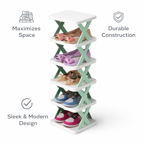 Image of STELITE 5-Layer Plastic Shoe Rack for Home | Stackable & Adjustable Shoe Organizer | Space-Saving Foldable Stand with Shoe & Book Storage Shelves | Green, Medium