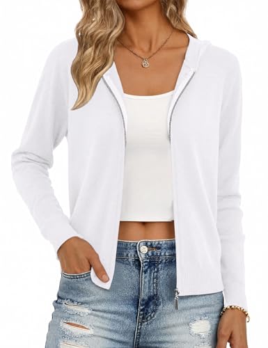 Aottori Gilet Cardigan Zippé Femme Chic et Elegant à Capuche Manches Longues Tricoté Léger Veste Sweat Pull Casual Automne Hiver Blanc L
