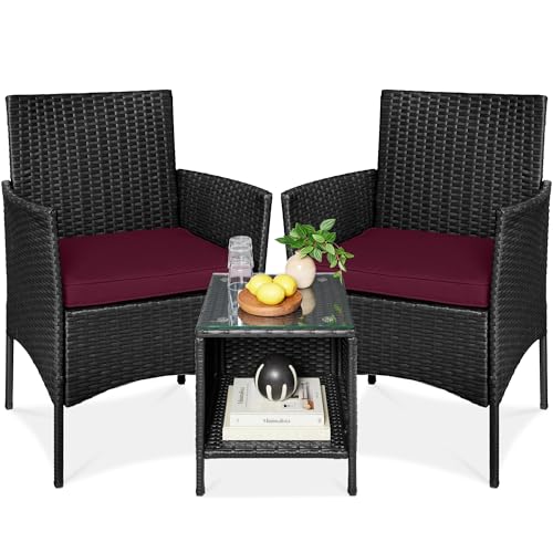 Best Choice Products 3-Piece Outdoor Wicker Conversation Bistro Set, Space Saving Patio Furniture for Garden w/Side Table - Black/Deep Burgundy