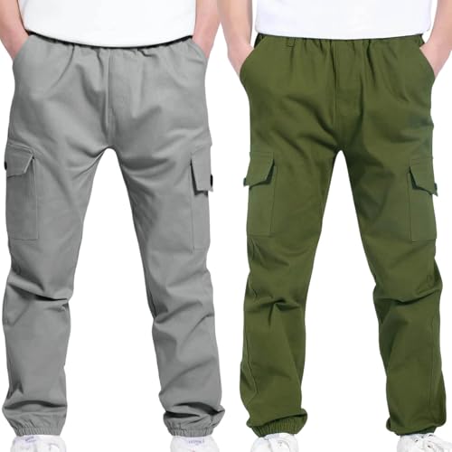 2PC Boys Girls Cargo Pants Sports Stretch Elastic Waist School Trousers Children Kids Twill Joggers Cargo Pants