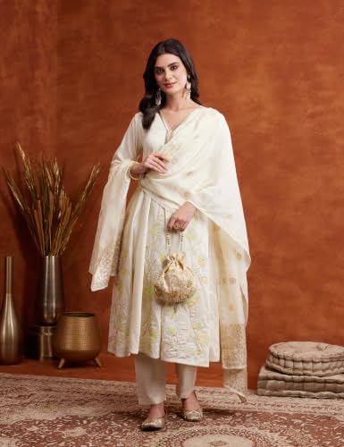 Image of Amazon Brand - Myx Women's Embroidered Kurta Suit Set with Dupatta with Jaquard Dupatta | A-Line Salwar Suit Set (Available in Plus Sizes)