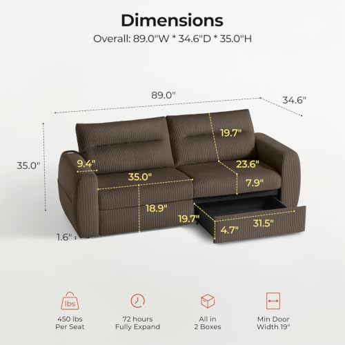 Image of 88.6 inch Modern Storage Loveseat Sofa, Small Couches for Living Room, Brown | Corduroy, USB Charging, Pull-Out Storage, Deep Seat, Comfy Love Seat for Small Spaces, Apartment, Bedroom, Dorm, Office