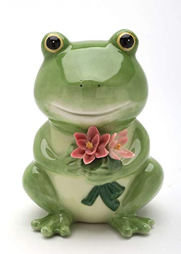 Fine Porcelain Happy Green Frog Holding Pink Water Lily Flowers