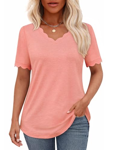Summer Tops for Women 2026 Coral Pink Scalloped V Neck Short Sleeve Casual Dressy Blouse Curved Hem Loose Fit Lightweight Breathable Trendy Outfit X-Larege