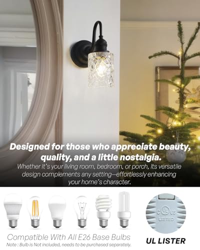 Image of Black Bathroom Vanity Light with Clear Checkered Glass Shade