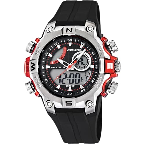 CALYPSO Reloj Digital Hombre Analógico de Caucho Negro - Cuarzo Reloj Deportivo - Calendario - Resistente al Agua 10 ATM Fecha y Calendario, Cronógrafo, Doble Horario, Luz, Alarma K5586/1 Flash Time