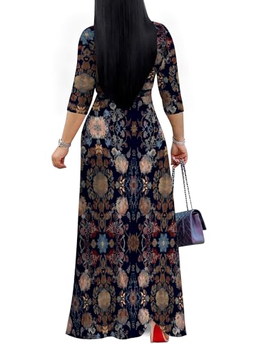 Image of Women's V Neck Floral Maxi Dress 3 /4 Sleeve Plus Size Boho Wrap Flowy Long Dresses with Belt